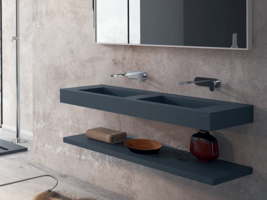 Plan vasque Design, sur mesure, Largeur 120 à 200 cm x Profondeur 40 à 60 cm, résine minérale de couleurs ACRYSTONE® Finition lisse, Livraison Offerte et Rapide.